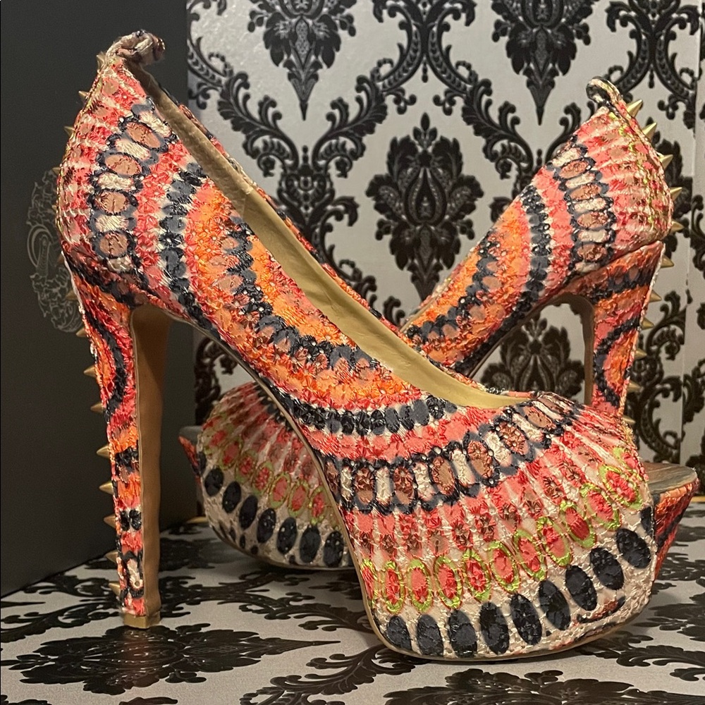 Wild Pair Multicolor Patterned Heels missing stra… - image 1